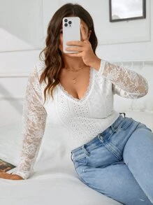 SHEIN Frenchy Camiseta con encaje en contraste con bordado con ojal - Blanco - Ver 5