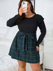 SHEIN Clasi Plus Ruffle Trim Tee & Plaid Paperbag Waist Belted Skirt - Multicolor - View 1