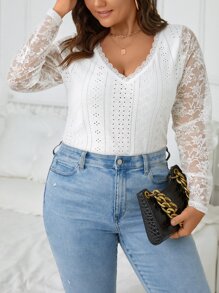 SHEIN Frenchy Camiseta con encaje en contraste con bordado con ojal - Blanco - Ver 6