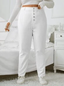 SHEIN EZwear Plus High Waist Button Fly Trousers - White - View 4