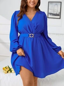 SHEIN Clasi Plus Surplice Neck Lantern Sleeve Belted Dress - Royal Blue - View 1