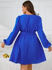 SHEIN Clasi Plus Surplice Neck Lantern Sleeve Belted Dress - Royal Blue - View 2