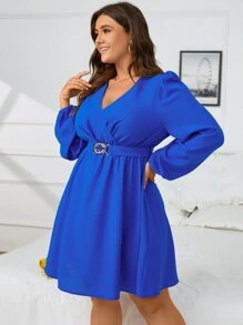 SHEIN Clasi Plus Surplice Neck Lantern Sleeve Belted Dress - Royal Blue - View 3
