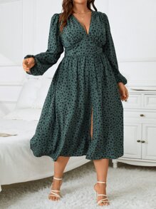 SHEIN Clasi Plus Dalmatian Print Lantern Sleeve Split Thigh Dress - Dark Green - View 1