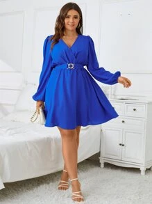 SHEIN Clasi Plus Surplice Neck Lantern Sleeve Belted Dress - Royal Blue - View 4