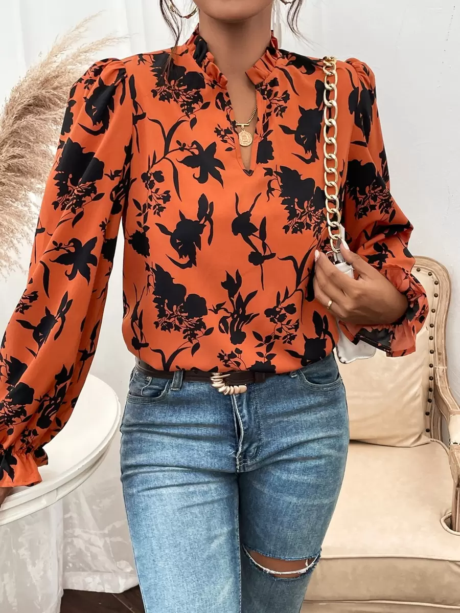 SHEIN Frenchy Áo sơ mi nữ viền lá sen Xù Hoa Giải trí - Rỉ Nâu - Xem 1