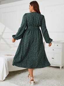 SHEIN Clasi Plus Dalmatian Print Lantern Sleeve Split Thigh Dress - Dark Green - View 2