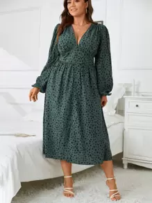 SHEIN Clasi Plus Dalmatian Print Lantern Sleeve Split Thigh Dress - Dark Green - View 3