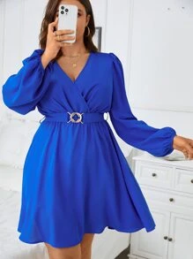 SHEIN Clasi Plus Surplice Neck Lantern Sleeve Belted Dress - Royal Blue - View 5
