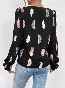 SHEIN Clasi Blusa con encaje con estampado de pluma de manga con volante - Negro - Ver 2