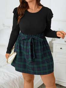 SHEIN Clasi Plus Ruffle Trim Tee & Plaid Paperbag Waist Belted Skirt - Multicolor - View 7