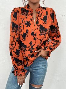 SHEIN Frenchy Áo sơ mi nữ viền lá sen Xù Hoa Giải trí - Rỉ Nâu - Xem 3