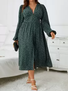 SHEIN Clasi Plus Dalmatian Print Lantern Sleeve Split Thigh Dress - Dark Green - View 5