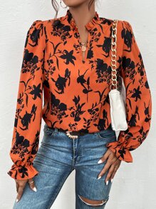 SHEIN Frenchy Áo sơ mi nữ viền lá sen Xù Hoa Giải trí - Rỉ Nâu - Xem 5