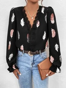 SHEIN Clasi Blusa con encaje con estampado de pluma de manga con volante - Negro - Ver 5