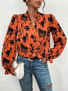 SHEIN Frenchy Áo sơ mi nữ viền lá sen Xù Hoa Giải trí - Rỉ Nâu - Xem 6