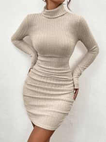 SHEIN Frenchy Mock Neck Ruched Bodycon Dress Winter - Apricot - View 3