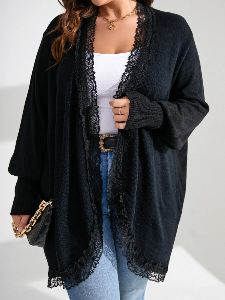 Flirla Plus Contrast Lace Batwing Sleeve Duster Cardigan - Black - View 1