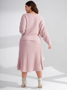Mulvari Plus Batwing Sleeve Overlap Collar Jumper & Knit Skirt - Baby Pink - View 6