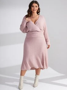 Mulvari Plus Batwing Sleeve Overlap Collar Jumper & Knit Skirt - Baby Pink - View 2