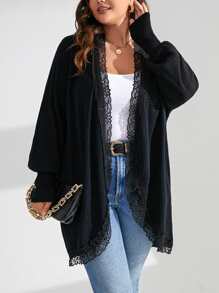 Flirla Plus Contrast Lace Batwing Sleeve Duster Cardigan - Black - View 3