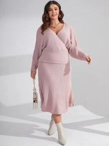 Mulvari Plus Batwing Sleeve Overlap Collar Jumper & Knit Skirt - Baby Pink - View 3