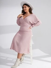 Mulvari Plus Batwing Sleeve Overlap Collar Jumper & Knit Skirt - Baby Pink - View 5