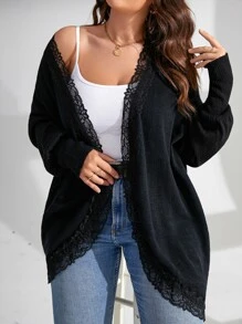 Flirla Plus Contrast Lace Batwing Sleeve Duster Cardigan - Black - View 6