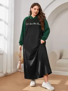 Mulvari Plus Slogan Graphic Colourblock Raglan Sleeve Drawstring Hoodie Dress - Black - View 1