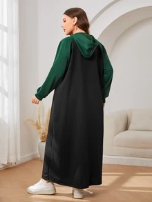 Mulvari Plus Slogan Graphic Colourblock Raglan Sleeve Drawstring Hoodie Dress - Black - View 2