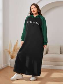 Mulvari Plus Slogan Graphic Colourblock Raglan Sleeve Drawstring Hoodie Dress - Black - View 4