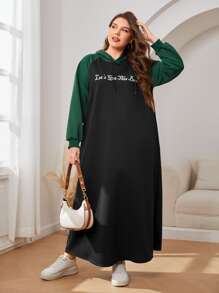 Mulvari Plus Slogan Graphic Colourblock Raglan Sleeve Drawstring Hoodie Dress - Black - View 5