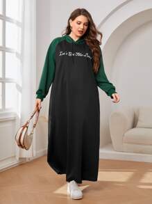 Mulvari Plus Slogan Graphic Colourblock Raglan Sleeve Drawstring Hoodie Dress - Black - View 6