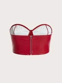 SHEIN ICON 大碼後拉鏈緊身上衣PU皮革抹胸上衣 - 酒紅色 - 查看 2