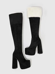 Chunky Heeled Faux Suede Thermal Lined Snow Boots - Black - View 4