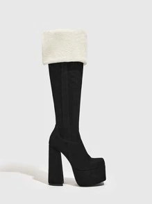 Chunky Heeled Faux Suede Thermal Lined Snow Boots - Black - View 5