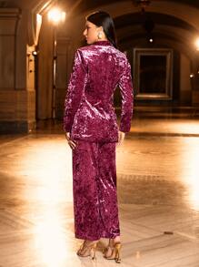 Modelyn Lapel Neck Single Button Velvet Blazer & Trousers & Cami Top - Red Violet - View 2
