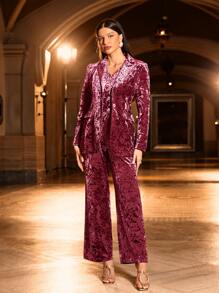 Modelyn Lapel Neck Single Button Velvet Blazer & Trousers & Cami Top - Red Violet - View 3