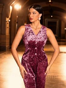 Modelyn Lapel Neck Single Button Velvet Blazer & Trousers & Cami Top - Red Violet - View 5