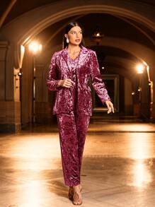 Modelyn Lapel Neck Single Button Velvet Blazer & Trousers & Cami Top - Red Violet - View 6