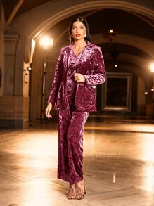 Modelyn Lapel Neck Single Button Velvet Blazer & Trousers & Cami Top - Red Violet - View 7