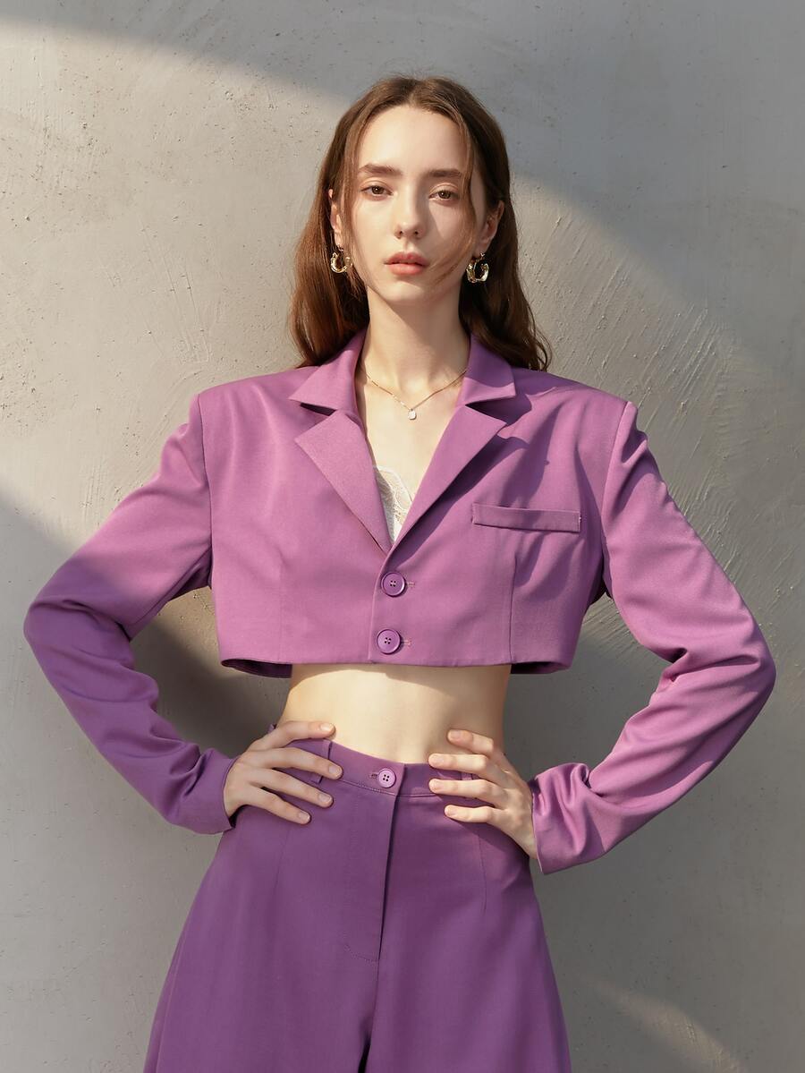 Lapel Neck Single Breasted Crop Blazer - Purple - View 1