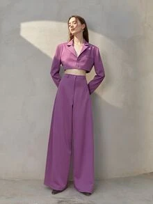 Lapel Neck Single Breasted Crop Blazer - Purple - View 3