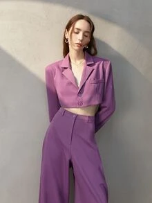Lapel Neck Single Breasted Crop Blazer - Purple - View 4