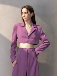 Lapel Neck Single Breasted Crop Blazer - Purple - View 5