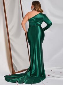 Vestido de satén con un hombro fruncido y abertura en el muslo para tallas grandes - Verde Oscuro - Ver 2