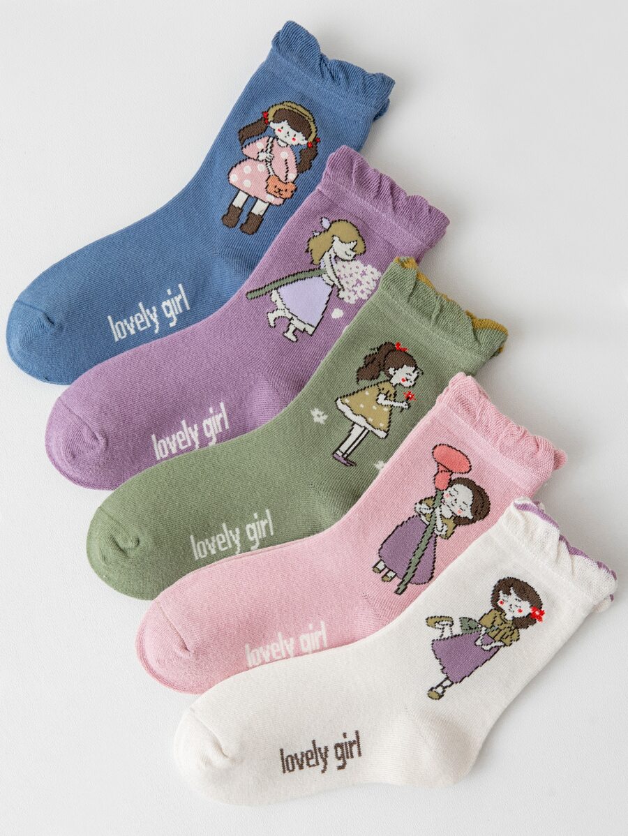 5pairs Toddler Girls Figure & Letter Graphic Crew Socks - Multicolor - View 1