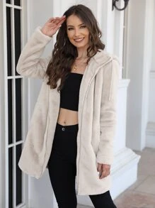 RELISH NOLESS Chaqueta con capucha de cremallera y pelo sintético para mujer en invierno - Beis - Ver 7