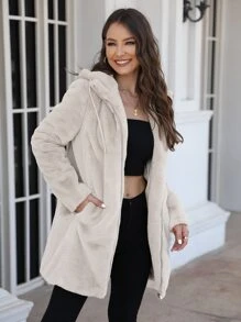 RELISH NOLESS Chaqueta con capucha de cremallera y pelo sintético para mujer en invierno - Beis - Ver 9