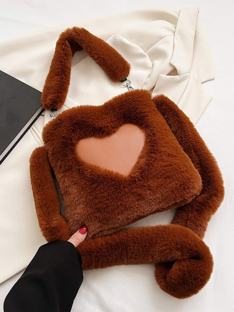 Heart Detail Flannelette Shoulder Bag - Brown - View 1